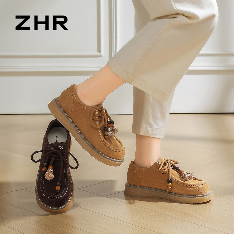 12736549.【ZHR则则】勃肯鞋圆头系带平底女鞋[牛剖层绒面革]