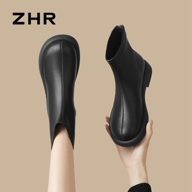 12736526.【ZHR则则】短靴[短毛绒]圆头后拉链平底女鞋[PU]