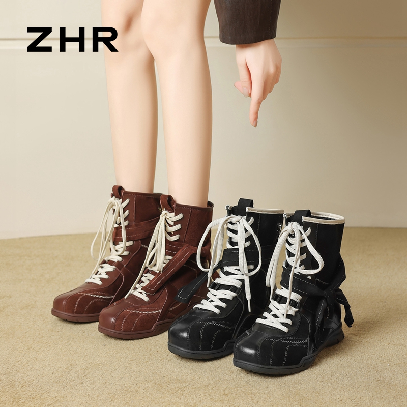 13795001.【ZHR则则】高帮鞋圆头系带平底女鞋[羊京绒+PU]
