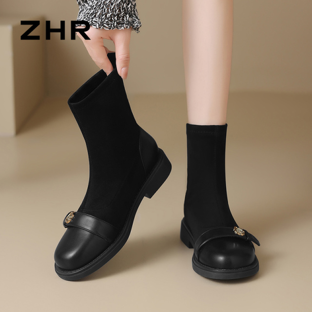 13796827.【ZHR则则】弹力袜靴圆头套脚平底女鞋[羊京绒+PU]