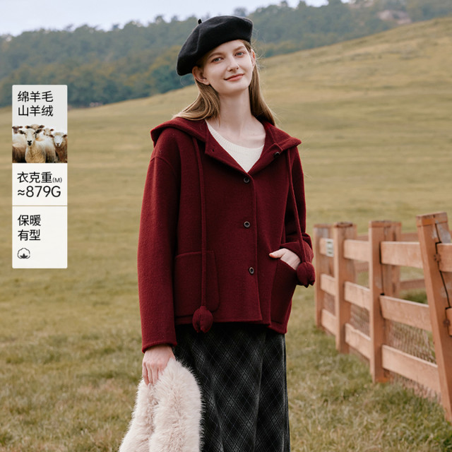 12684670.【山羊绒+绵羊毛】2025冬装连帽双面呢大衣女毛呢红外套