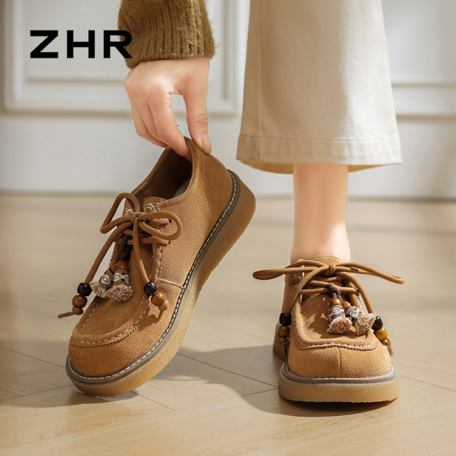 12736549.【ZHR则则】勃肯鞋圆头系带平底女鞋[牛剖层绒面革]