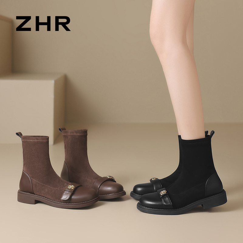 13796827.【ZHR则则】弹力袜靴圆头套脚平底女鞋[羊京绒+PU]