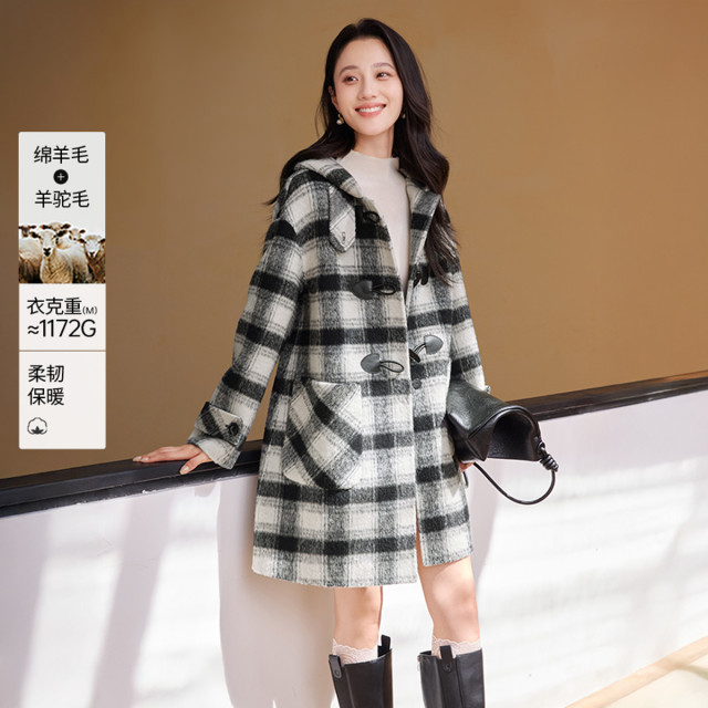 12684640.2025冬装双面呢羊毛牛角扣大衣女连帽中长款格子毛呢外套