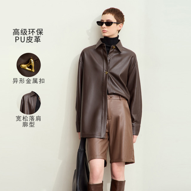 12700202.【环保PU皮革衬衫】新款秋季复古摩登通勤翻领女宽松皮衣女长袖上衣