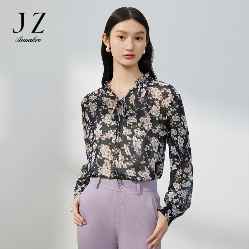 12662696.JZ玖姿度假风花卉小衫女装春秋季新款烫金印花小众轻盈感雪纺衫