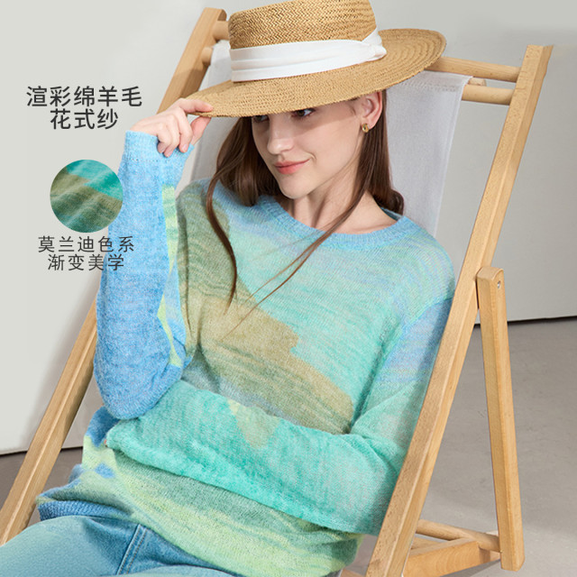 12700264.新款秋季休闲浪漫圆领抽象渐变拼色毛针织衫女宽松薄款上衣