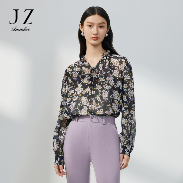 12662696.JZ玖姿度假风花卉小衫女装春秋季新款烫金印花小众轻盈感雪纺衫