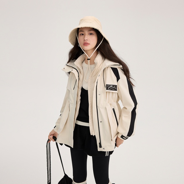 12669813.艾莱依时尚撞色户外二合一两件套工装羽绒服女中长款轻薄鹅绒服连帽外套