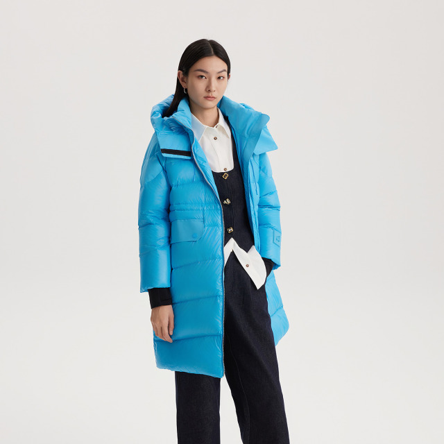 12669804.【商场同款】艾莱依形色系列时尚抽绳收腰鹅绒服女中长款可脱卸帽羽绒服
