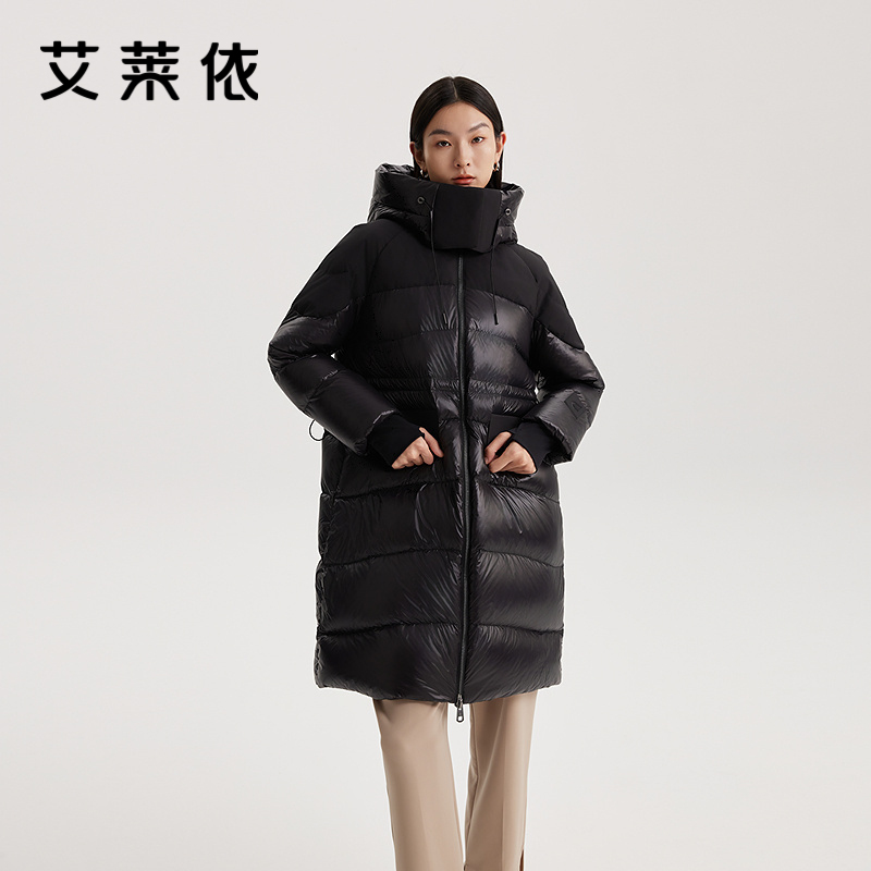 12669804.【商场同款】艾莱依形色系列时尚抽绳收腰鹅绒服女中长款可脱卸帽羽绒服