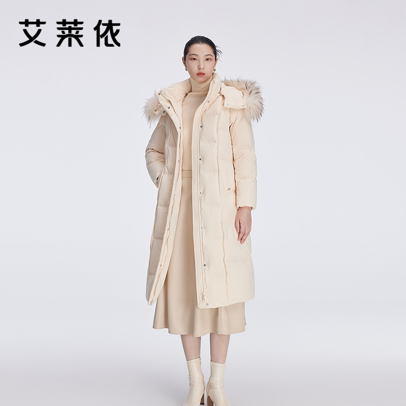12669782.【商场同款】艾莱依雅士系列气质毛领羽绒服女长款可脱卸连帽鸭绒服外套