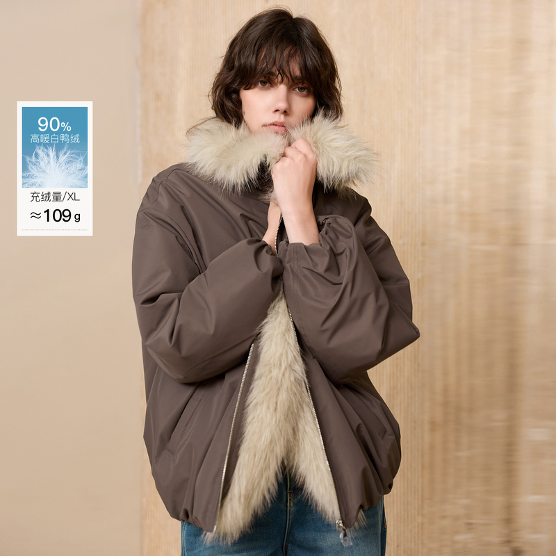 12650717.三彩丽雪leisure2025冬季新款90白鸭绒羽绒服毛毛翻领派克保暖女