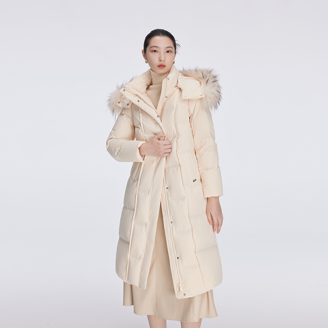 12669782.【商场同款】艾莱依雅士系列气质毛领羽绒服女长款可脱卸连帽鸭绒服外套