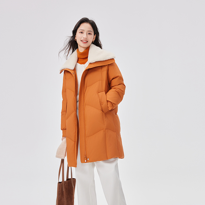 12669789.【商场同款】艾莱依暖绒系列仿羊羔毛翻领羽绒服女中长款鸭绒服外套