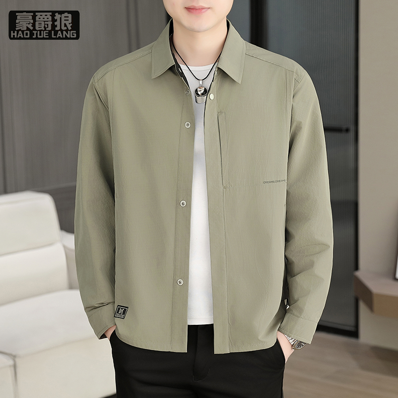 12676789.春秋新款翻领夹克男士商务休闲日常百搭外套经典时尚纯色高端上衣
