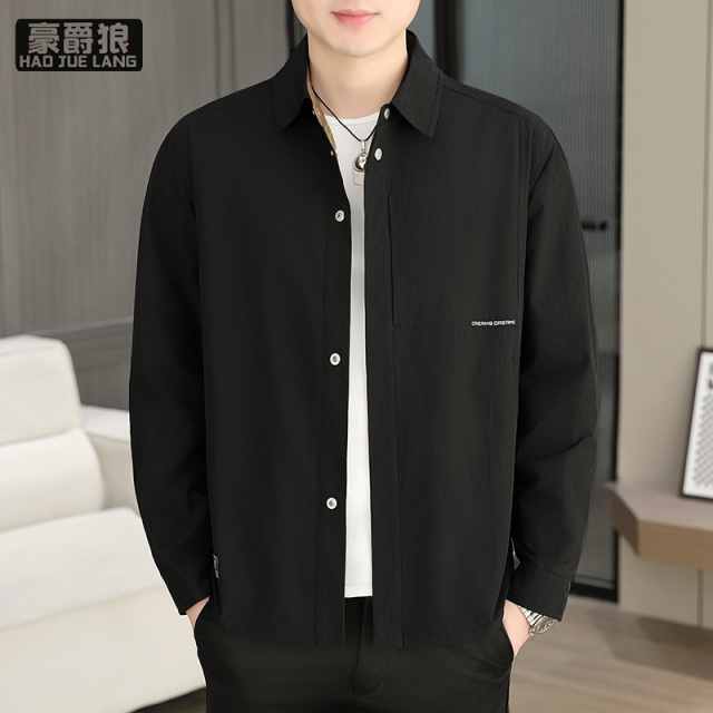 12676789.春秋新款翻领夹克男士商务休闲日常百搭外套经典时尚纯色高端上衣