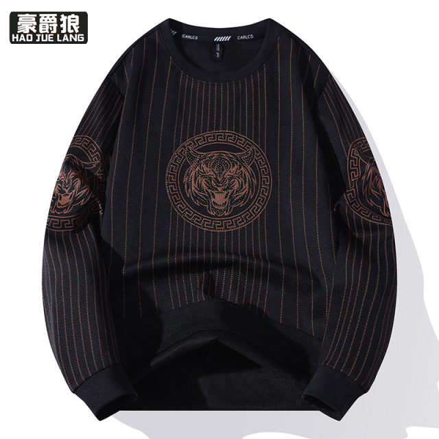 12689238.秋季新款青少年卫衣男虎头烫钻高级感打底衫休闲宽松条纹日常百搭上衣