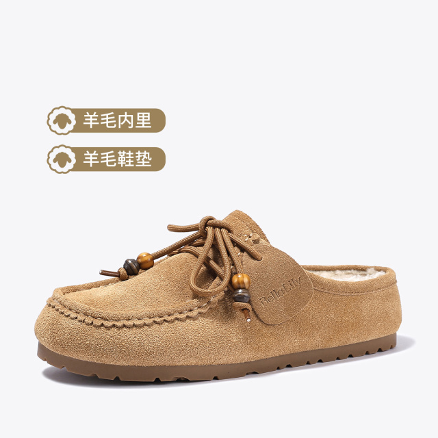 12688818.BellaLily2025冬季新款英伦风外穿包头拖加厚勃肯鞋牛皮一脚蹬女