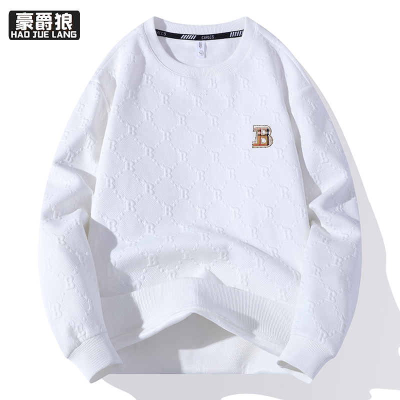 12689284.秋季新款卫衣男高端潮牌刺绣提花圆领上衣宽松休闲套头长袖T恤