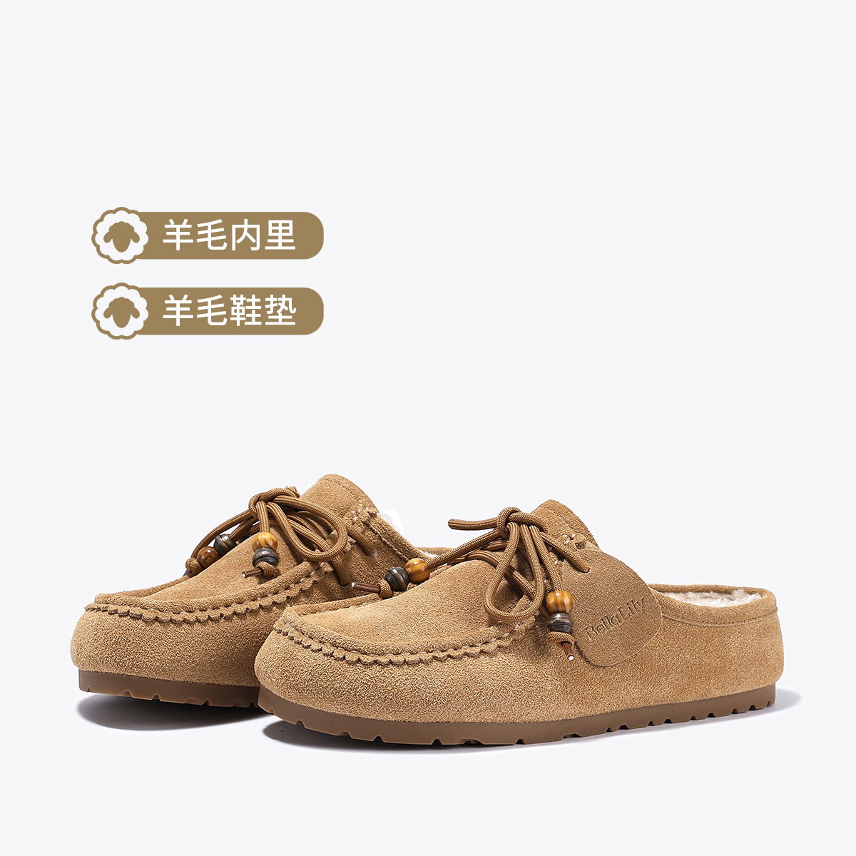 12688818.BellaLily2025冬季新款英伦风外穿包头拖加厚勃肯鞋牛皮一脚蹬女