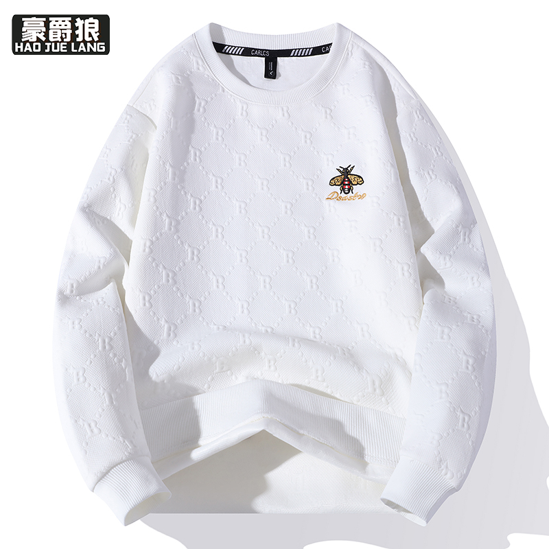 12689212.秋季新款重磅刺绣卫衣男高端潮牌提花圆领打底衫休闲百搭男士长袖T恤