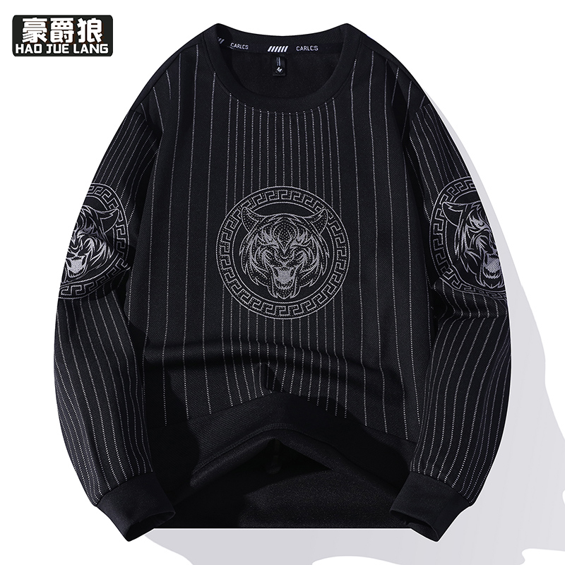 12689238.秋季新款青少年卫衣男虎头烫钻高级感打底衫休闲宽松条纹日常百搭上衣