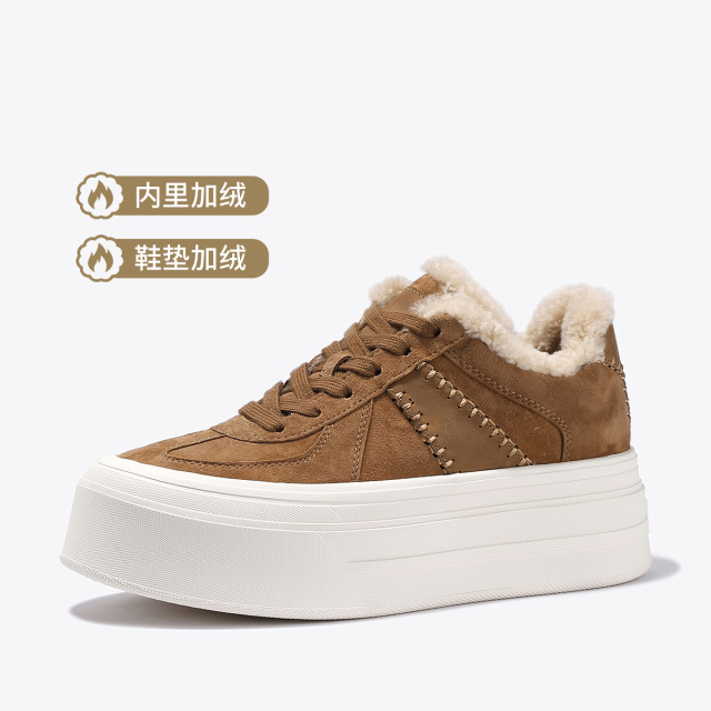 12544164.BellaLily2025冬季新款棕色牛皮加绒德训鞋女厚底毛毛保暖休闲鞋