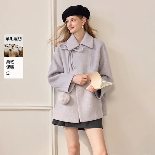 12720389.2025冬装翻领毛呢外套女小个子宽松含羊毛斗篷大衣