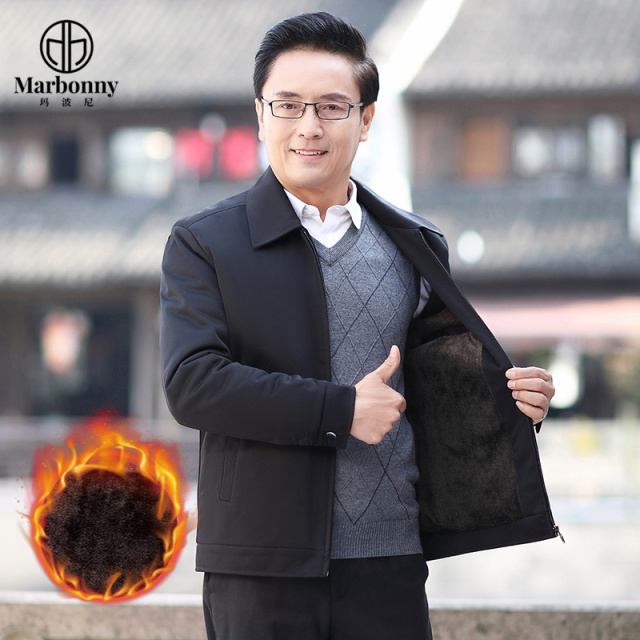 12698960.【玛波尼】爸爸外套厚款中老年男士夹克秋老人爷爷加绒翻领中年