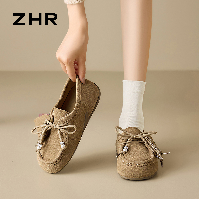 12736419.【ZHR则则】勃肯鞋圆头系带平底女鞋[牛剖层绒面革]