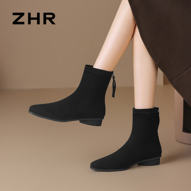 12736445.【ZHR则则】短靴圆头后拉链平底女鞋[绒布]