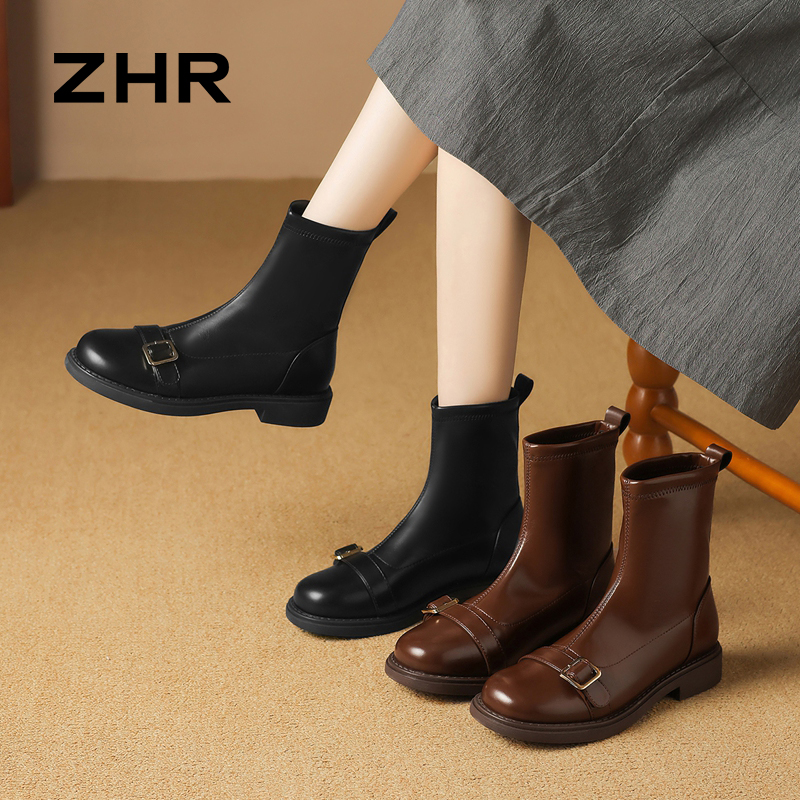 12736356.【ZHR则则】弹力靴/袜靴圆头套脚平底女鞋[PU]