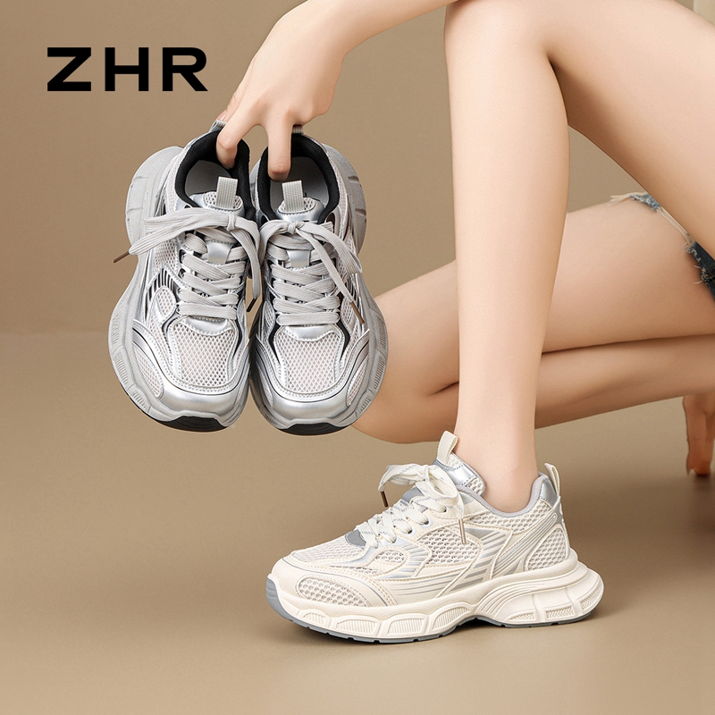 12736436.【ZHR则则】老爹鞋圆头系带厚底女鞋[PU+网布]