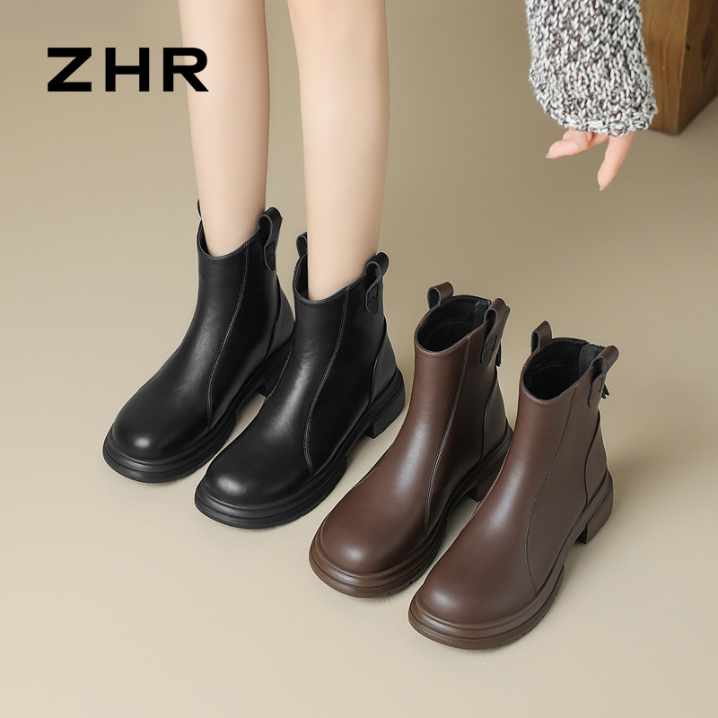 12736392.【ZHR则则】短靴圆头后拉链厚底女鞋[PU]