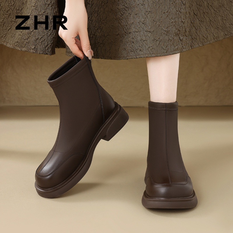 12736411.【ZHR则则】短靴圆头后拉链平底女鞋[PU]