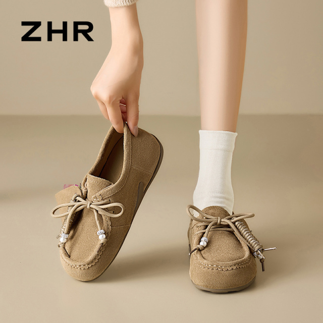 12736419.【ZHR则则】勃肯鞋圆头系带平底女鞋[牛剖层绒面革]