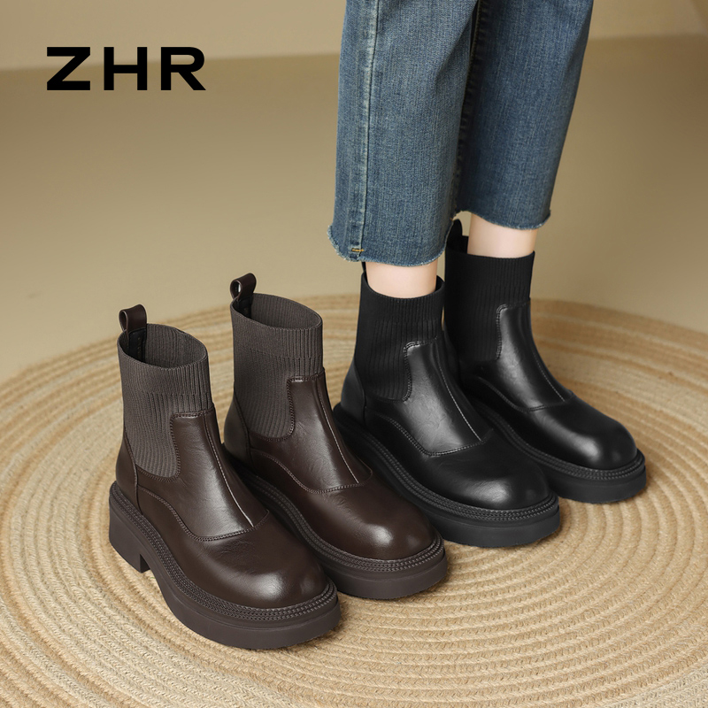12736347.【ZHR则则】弹力靴/袜靴圆头套脚厚底女鞋[PU+飞织布]