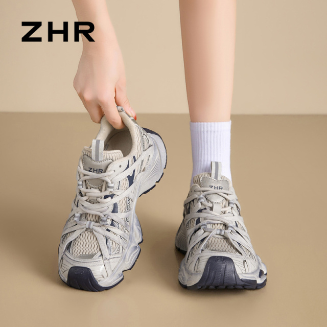 12736427.【ZHR则则】老爹鞋圆头系带厚底女鞋[PU+网布]