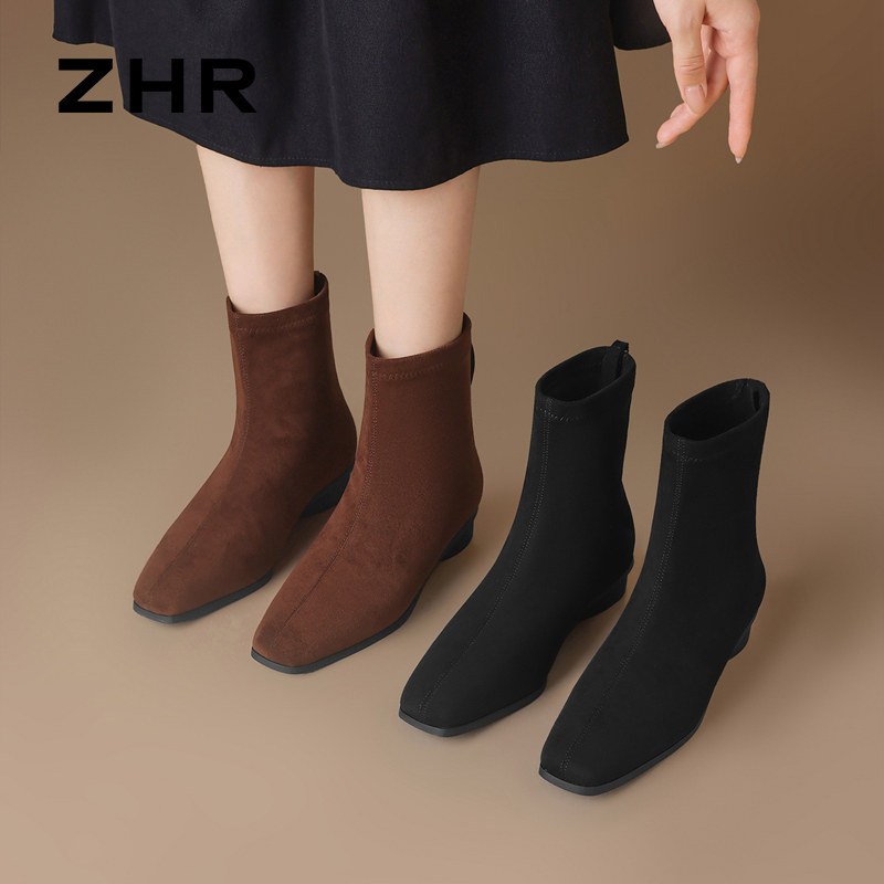 12736445.【ZHR则则】短靴圆头后拉链平底女鞋[绒布]