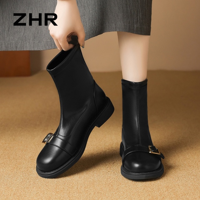 12736356.【ZHR则则】弹力靴/袜靴圆头套脚平底女鞋[PU]