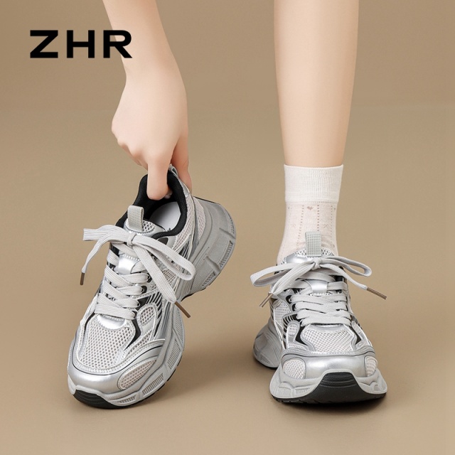 12736436.【ZHR则则】老爹鞋圆头系带厚底女鞋[PU+网布]