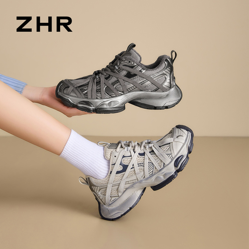 12736427.【ZHR则则】老爹鞋圆头系带厚底女鞋[PU+网布]