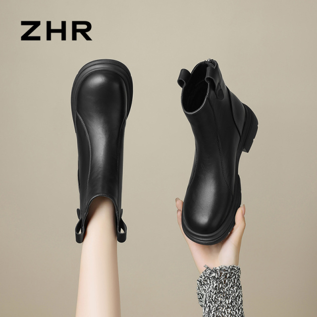 12736392.【ZHR则则】短靴圆头后拉链厚底女鞋[PU]