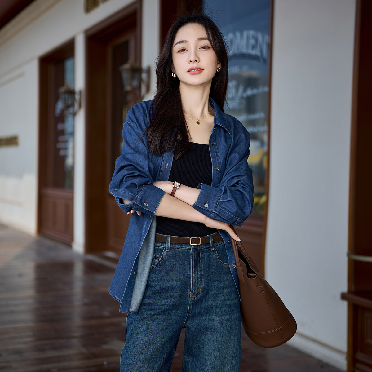 12704629.【娅丽达】100%棉感复古牛仔衬衫女休闲日常通勤衬衫外套女