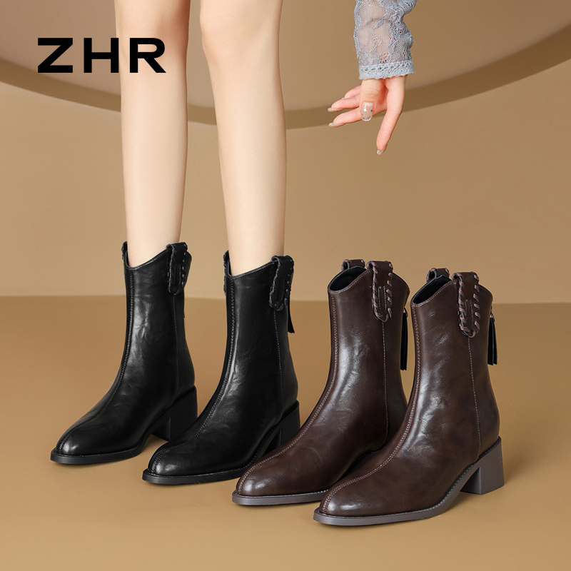 12736421.【ZHR则则】短靴圆头后拉链粗跟女鞋[PU]