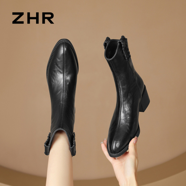 12736421.【ZHR则则】短靴圆头后拉链粗跟女鞋[PU]