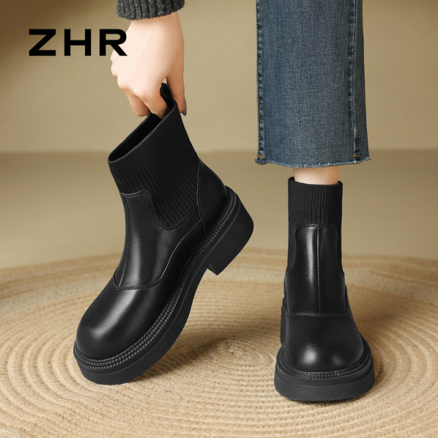 12736347.【ZHR则则】弹力靴/袜靴圆头套脚厚底女鞋[PU+飞织布]