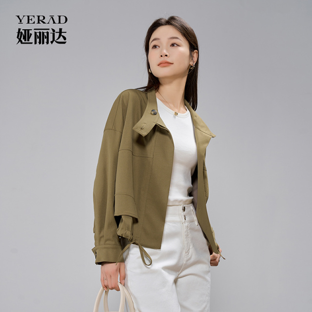 12707373.【娅丽达】休闲风立领廓形风衣外套女大码女装复古工装夹克
