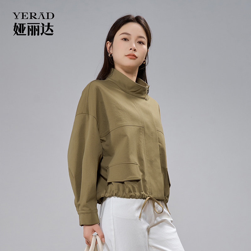 12707373.【娅丽达】休闲风立领廓形风衣外套女大码女装复古工装夹克